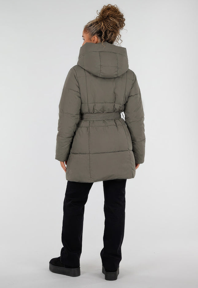 NEW230926 Legergroene Gewatteerde Winterjas met Ceintuur