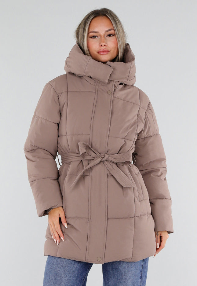 NEW230926 Taupe Gewatteerde Winterjas met Ceintuur