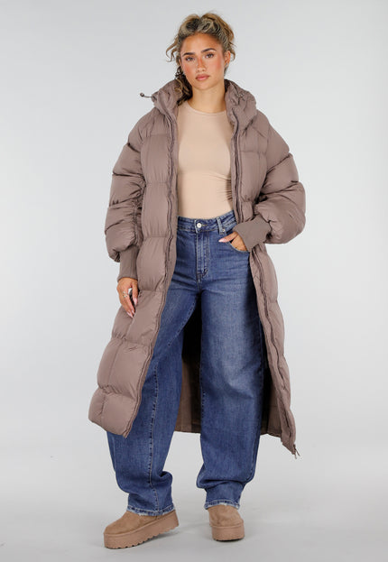 NEW230926 Taupe Lange Gewatteerde Puffer Winterjas