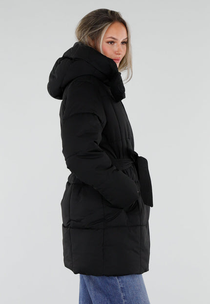 NEW230926 Zwarte Gewatteerde Winterjas met Ceintuur