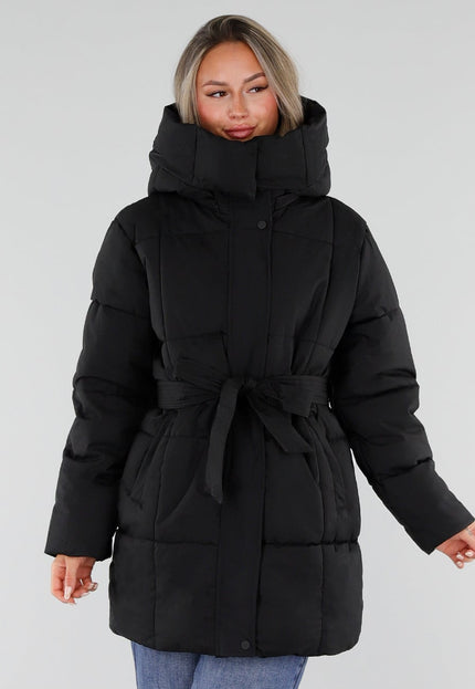 NEW230926 Zwarte Gewatteerde Winterjas met Ceintuur