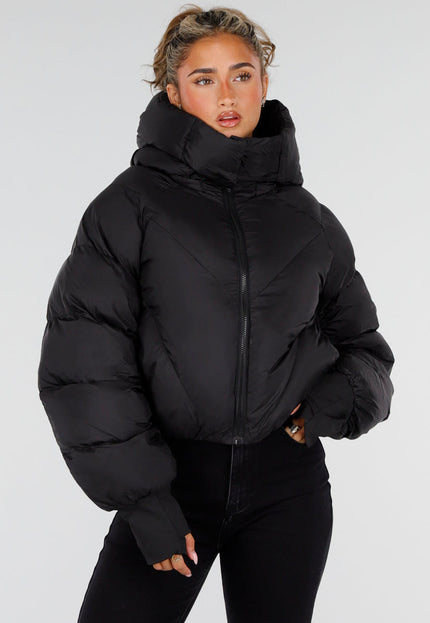 NEW230926 Zwarte Korte Puffer Winterjas met Capuchon