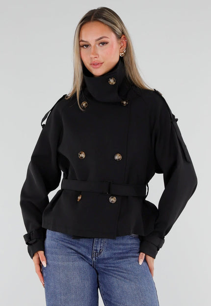 NEW230926 Zwarte Korte Trenchjas met Tailleband