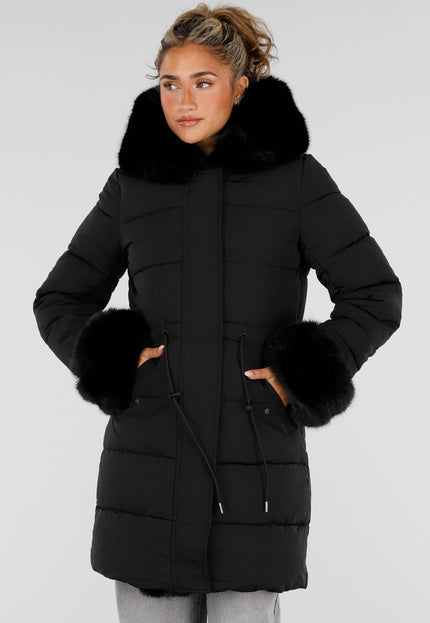 NEW230926 Zwarte Lange Winterjas met Bontdetails