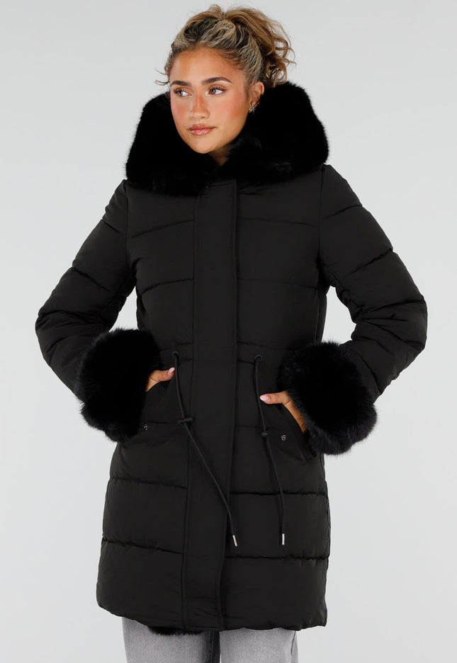 NEW230926 Zwarte Lange Winterjas met Bontdetails