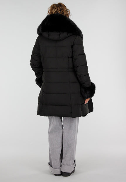 NEW230926 Zwarte Lange Winterjas met Bontdetails