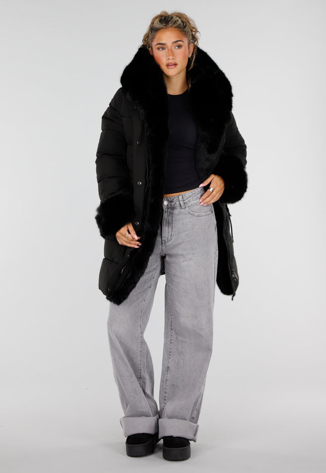 NEW230926 Zwarte Lange Winterjas met Bontdetails