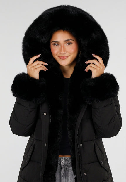 NEW230926 Zwarte Lange Winterjas met Bontdetails
