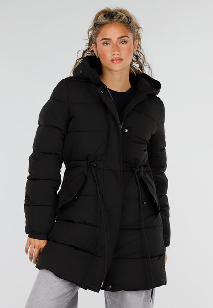 NEW230926 Zwarte Lange Winterjas met Bontdetails