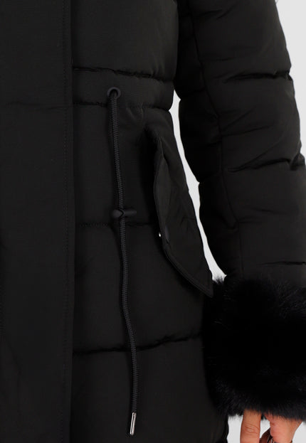 NEW230926 Zwarte Lange Winterjas met Bontdetails