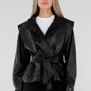 NEW230926 Zwarte Lederlook Jas met Ceintuur