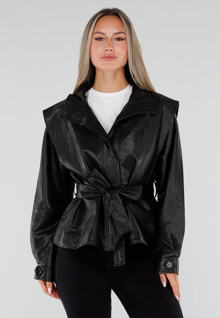 NEW230926 Zwarte Lederlook Jas met Ceintuur