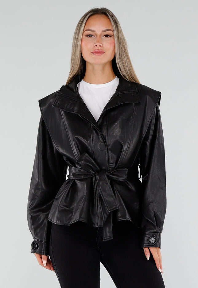 NEW230926 Zwarte Lederlook Jas met Ceintuur