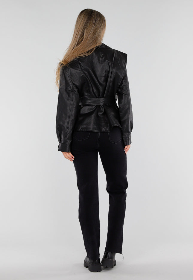 NEW230926 Zwarte Lederlook Jas met Ceintuur