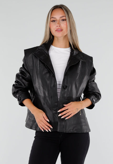 NEW230926 Zwarte Lederlook Jas met Ceintuur
