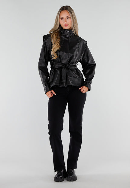 NEW230926 Zwarte Lederlook Jas met Ceintuur