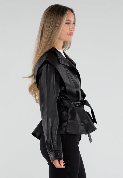 NEW230926 Zwarte Lederlook Jas met Ceintuur