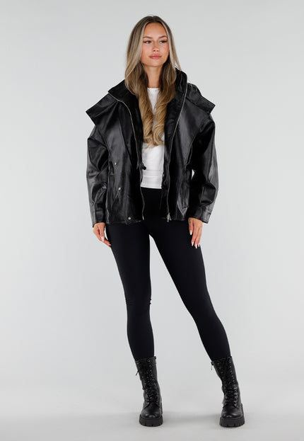 NEW230926 Zwarte Lederlook Jas met Hoge Kraag