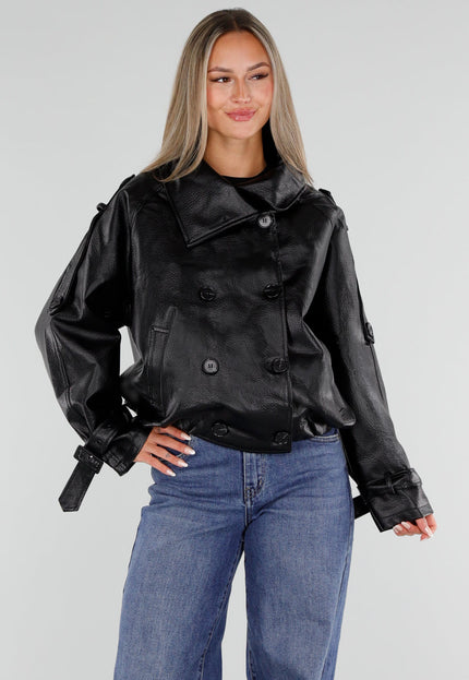 NEW230926 Zwarte Lederlook Jas met Hoge Kraag