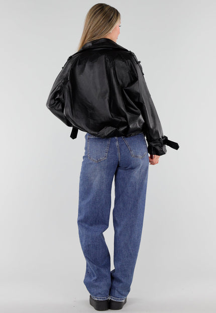 NEW230926 Zwarte Lederlook Jas met Hoge Kraag