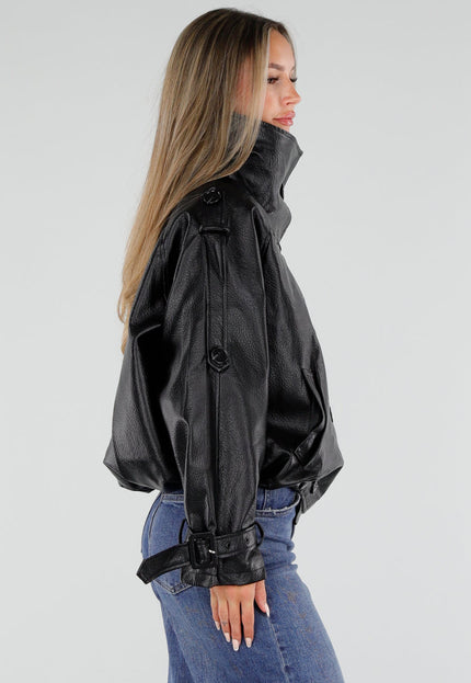 NEW230926 Zwarte Lederlook Jas met Hoge Kraag