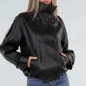NEW230926 Zwarte Lederlook Jas met Hoge Kraag