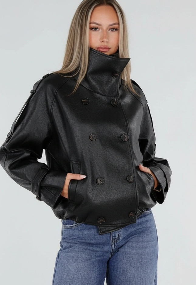 NEW230926 Zwarte Lederlook Jas met Hoge Kraag