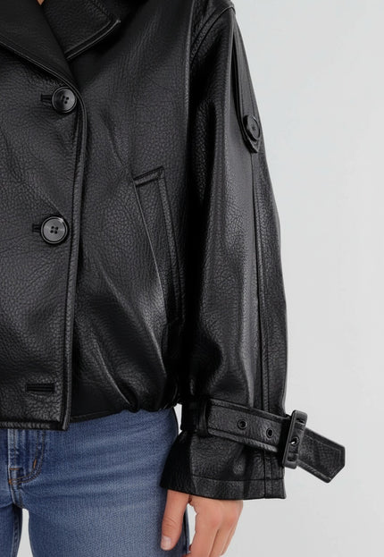 NEW230926 Zwarte Lederlook Jas met Hoge Kraag