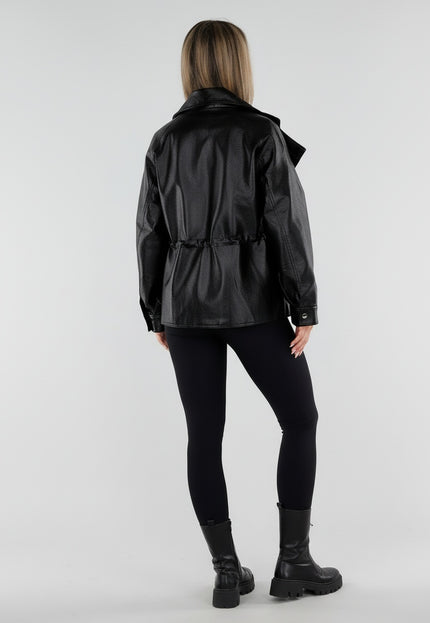 NEW230926 Zwarte Lederlook Jas met Hoge Kraag
