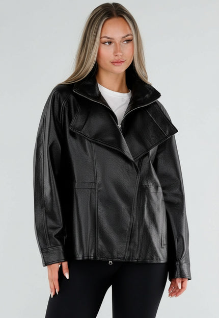 NEW230926 Zwarte Lederlook Jas met Hoge Kraag