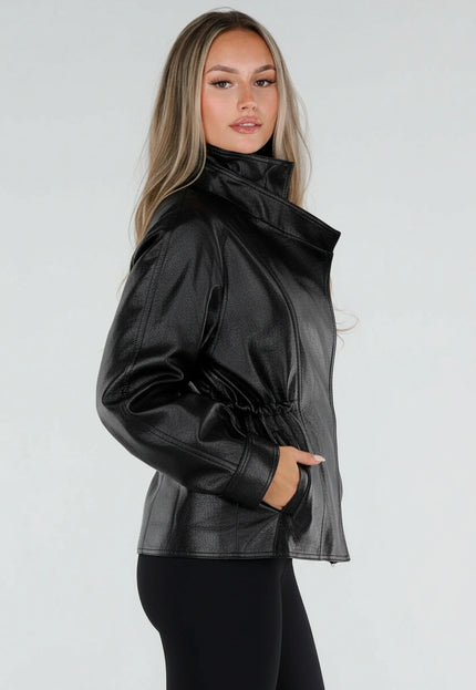 NEW230926 Zwarte Lederlook Jas met Hoge Kraag