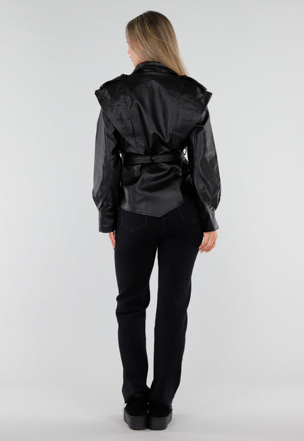 NEW230926 Zwarte Lederlook Jas met Tailleceintuur