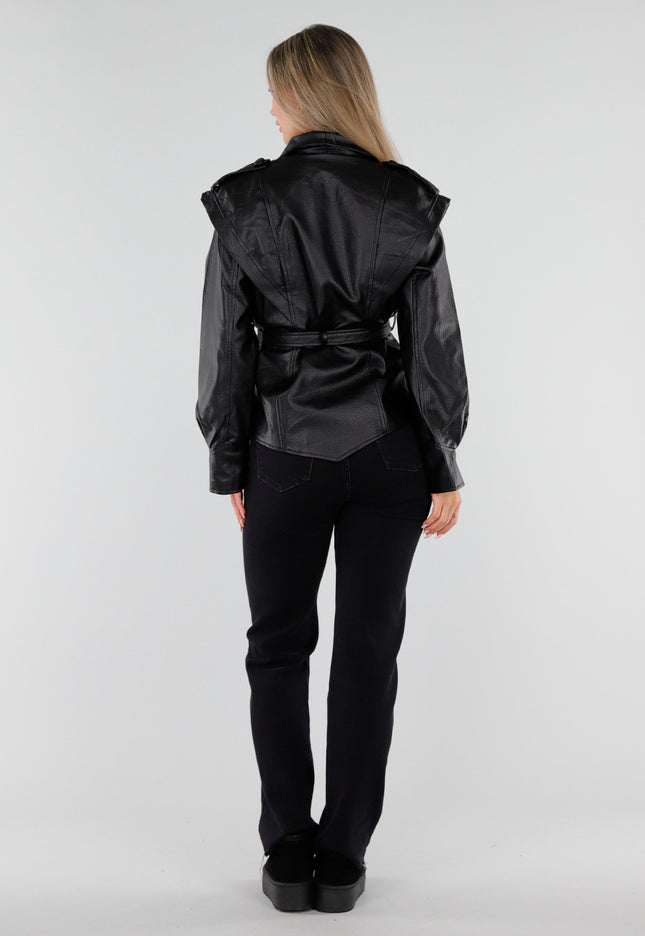 NEW230926 Zwarte Lederlook Jas met Tailleceintuur