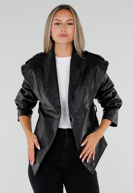 NEW230926 Zwarte Lederlook Jas met Tailleceintuur