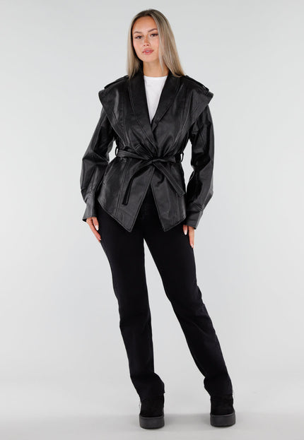 NEW230926 Zwarte Lederlook Jas met Tailleceintuur