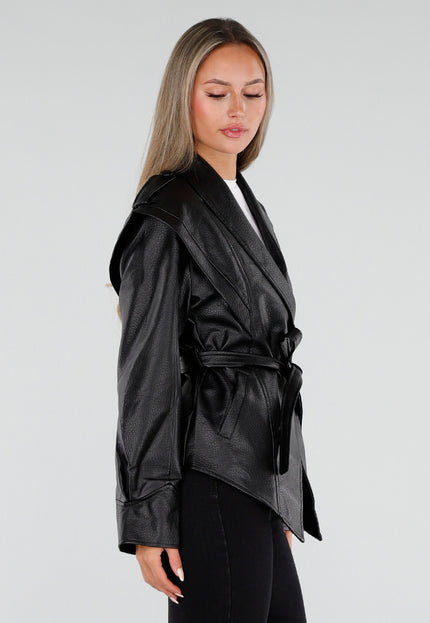 NEW230926 Zwarte Lederlook Jas met Tailleceintuur