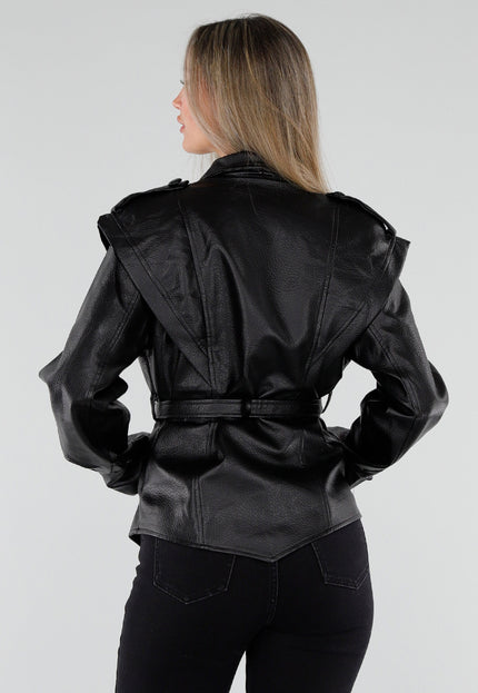 NEW230926 Zwarte Lederlook Jas met Tailleceintuur