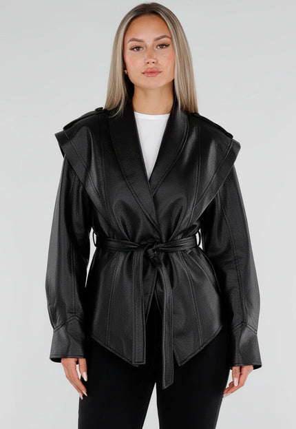 NEW230926 Zwarte Lederlook Jas met Tailleceintuur