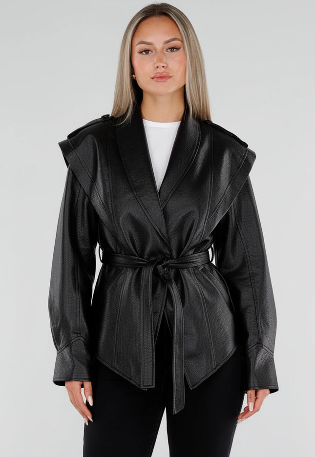 NEW230926 Zwarte Lederlook Jas met Tailleceintuur