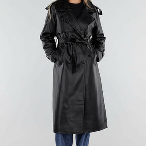 NEW230926 Zwarte Lederlook Trenchcoat met Ceintuur