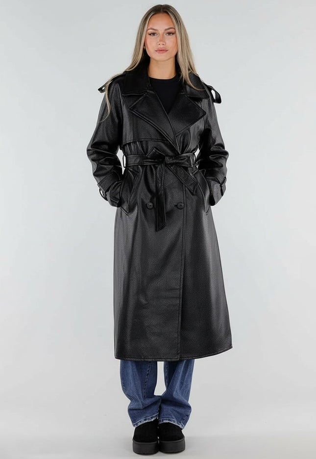 NEW230926 Zwarte Lederlook Trenchcoat met Ceintuur
