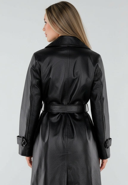 NEW230926 Zwarte Lederlook Trenchcoat met Ceintuur