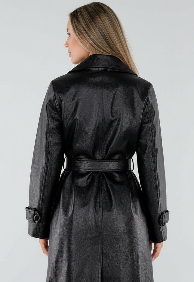 NEW230926 Zwarte Lederlook Trenchcoat met Ceintuur