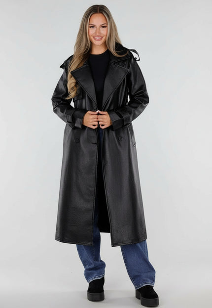 NEW230926 Zwarte Lederlook Trenchcoat met Ceintuur
