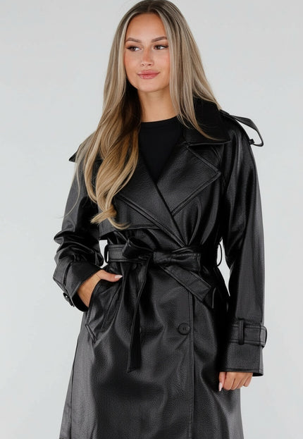 NEW230926 Zwarte Lederlook Trenchcoat met Ceintuur