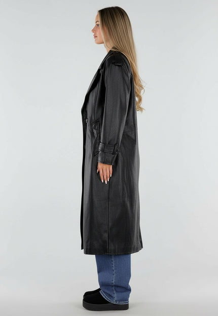 NEW230926 Zwarte Lederlook Trenchcoat met Ceintuur