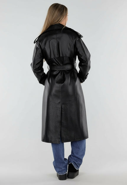 NEW230926 Zwarte Lederlook Trenchcoat met Ceintuur