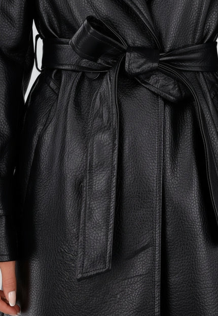 NEW230926 Zwarte Lederlook Trenchcoat met Ceintuur