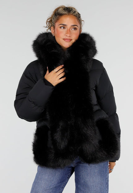 NEW230926 Zwarte Puffer Winterjas met Bontkraag