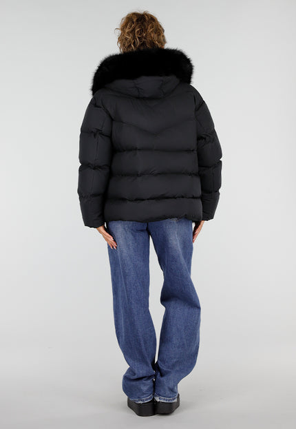 NEW230926 Zwarte Puffer Winterjas met Bontkraag